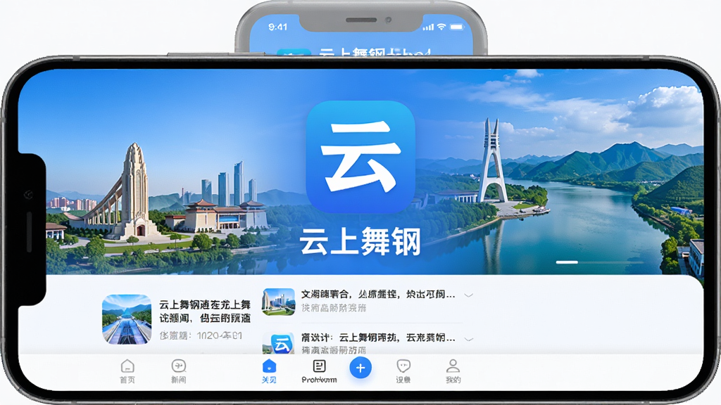 一张手机屏幕展示着云上舞钢App的主界面,画面中央是醒目的云上舞钢应用图标和名称,背景是舞钢市的地标建筑和山水风光,界面布局清晰展示新闻资讯列表和底部导航栏,风格现代简洁,色彩以蓝色和白色为主调,细节圆润干净,画质高清无多余元素