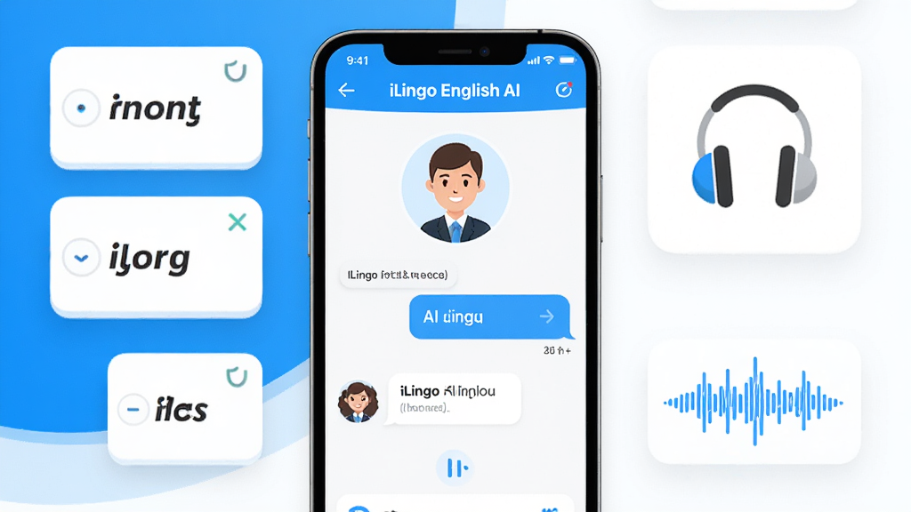 һ��չʾiLingo English��������ȫò��ͼƬ�������������ֻ���Ļ����Ļ����ʾiLingo English��AI�Ի���ϰ���棬�п�ͨ���ͷ��ͶԻ����ݣ���Χ�����ŵ��ʿ�Ƭ����������ͼ��Ϳ��ﲨ��ͼ������������������ɫ����������ִ�������������ϸ�ڸɾ��޶���Ԫ�أ����ʸ���