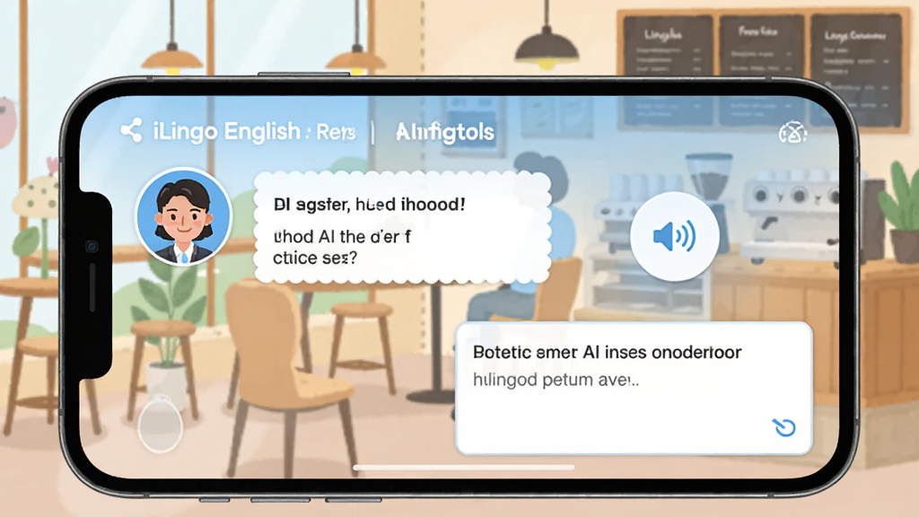 һ��չʾiLingo English AI�龰�Ի����ܵ�ͼƬ��������һ���ֻ�������ʾ�Ի����棬�����AI���ͷ���Ӣ�����ʣ��Ҳ����û��������밴ť�����ֻظ��򣬱����ǿ����������廭��������ɻ��ã��������ҷ�����ϸ�����������ʸɾ�