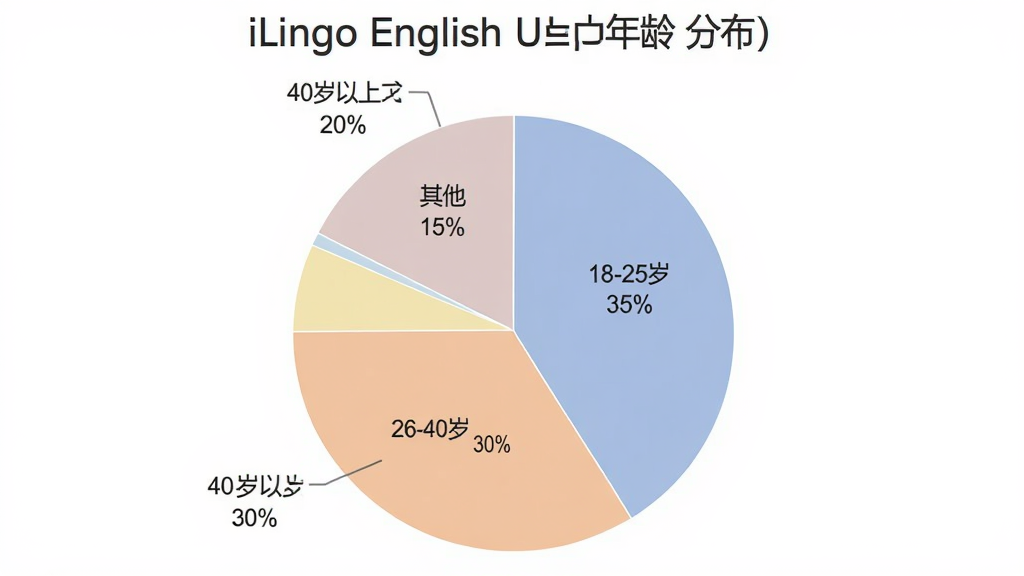 һ��չʾiLingo English�û�����ֲ���״ͼ��ͼƬ����ͼ��Ϊ�ĸ��������򣬷ֱ��ע18-25��35%��26-40��30%��40������20%������15%����ɫ���������������ɫ����������ݿ��ӻ������־��У�ϸ�ڸɾ������ʸ���