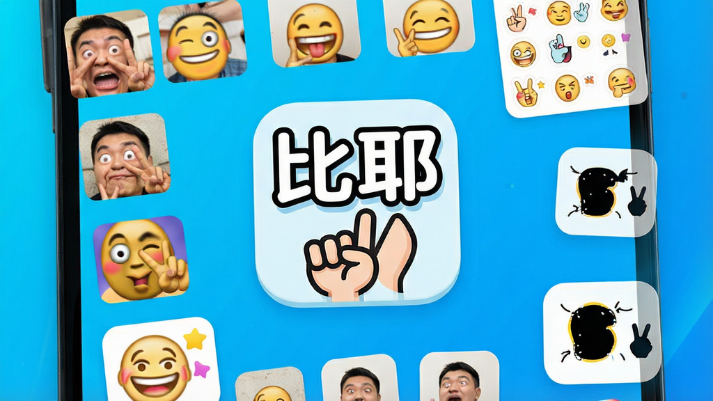 一张手机屏幕展示比耶App主界面,界面中央是醒目的“比耶”文字logo和手势图标,周围环绕着各种搞笑表情包缩略图、贴纸素材和抠图工具图标,背景是明亮的渐变蓝色,布局简洁清晰,风格活泼现代,细节圆润干净,画质高清无多余元素