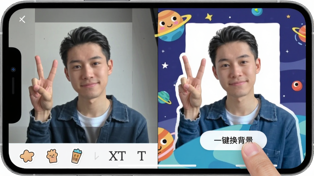 手机屏幕特写,展示比耶App的智能抠图界面,左侧是原图,右侧是抠好的人物被放在一个卡通太空背景里,手指正点击“一键换背景”按钮,界面底部有贴纸和文字工具栏,风格清爽扁平化,画质干净清晰,主体突出