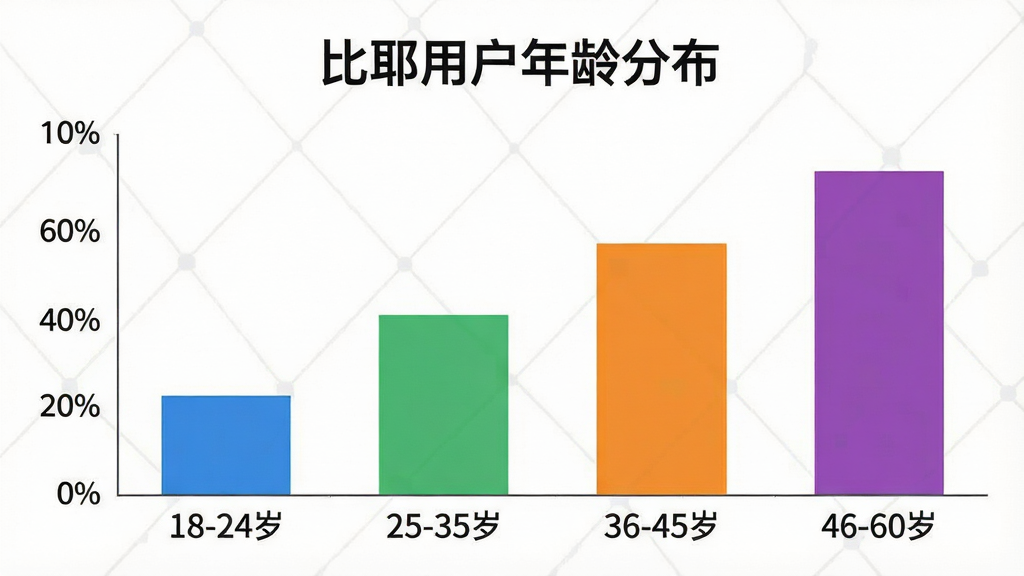 一张柱状图展示比耶App不同年龄段用户占比,横轴标注“18-24岁”“25-35岁”“36-45岁”“46-60岁”,纵轴标注百分比,柱子颜色分别为蓝、绿、橙、紫,图表上方有“比耶用户年龄分布”标题,风格扁平商务,数据清晰,画质干净无多余元素