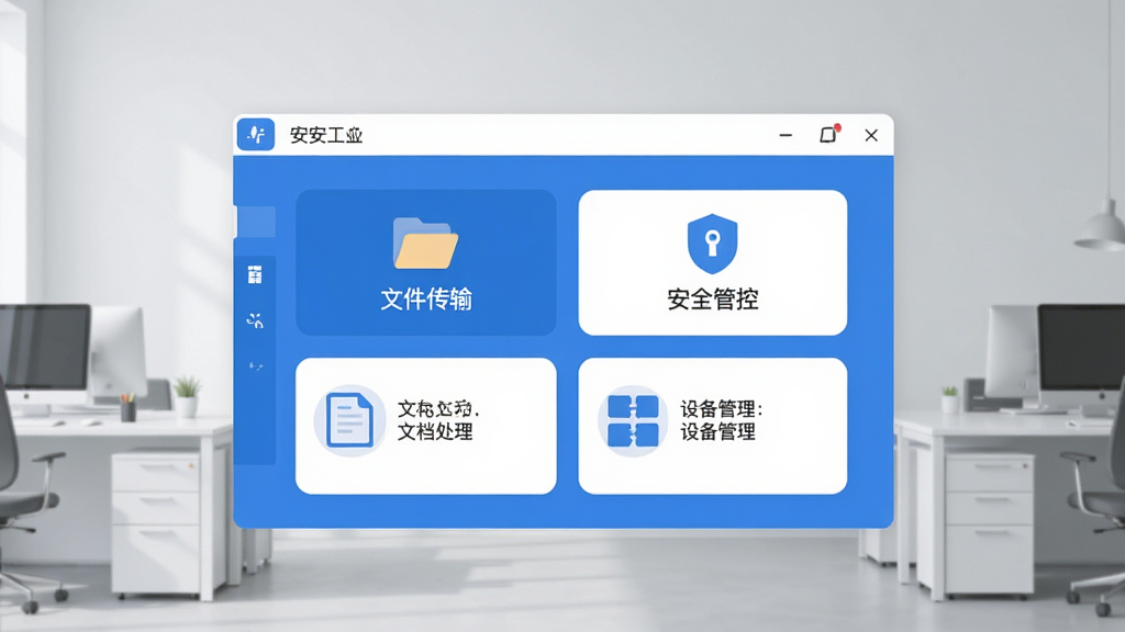 持安办公助手主界面清爽展示,中央是蓝白色调的办公工作台面板,上方有文件传输和安全管控的图标按钮,下方排列文档处理和设备管理模块,背景是简约的浅灰色办公环境,风格现代扁平,细节干净,画质清晰无多余元素