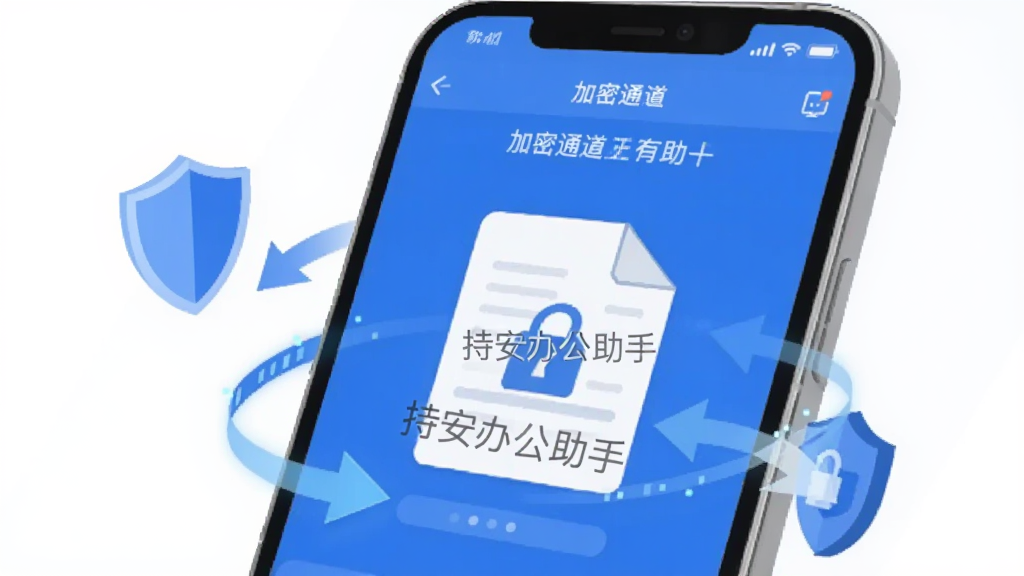 持安办公助手文件安全传输界面,手机屏幕显示加密通道正在传输文档,文件图标上有锁形标识和水印文字“持安办公助手”,周围环绕数据传输的箭头和盾牌元素,蓝白配色,扁平化设计,画面干净无杂乱信息