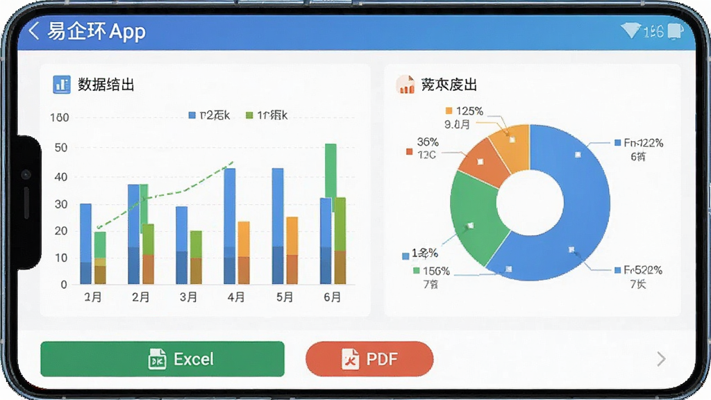 һ��չʾ����App����ͳ���뱨���������ܵĽ����ͼ���ֻ���Ļ��ʾ��״ͼ�ͱ�ͼ��ϵ����ݿ��壬�·��е���Excel��PDF�İ�ť��������ɫ��ˬ��ͼ����ע����������ִ���Լ�����ʸɾ��޶���Ԫ��