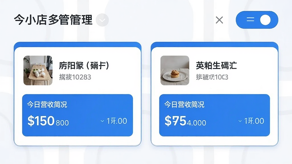 一张今小店多店铺管理界面的示意图,画面中显示两个店铺卡片并排排列,每个卡片上有店铺名称和今日营收简况,右上角有切换按钮,整体界面清爽,蓝色点缀,风格简约现代,画质干净无多余装饰