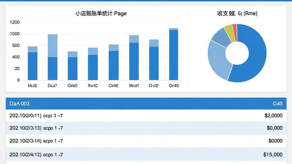 一张今小店账单统计页面的截图,画面中显示柱状图和饼图相结合的收支统计图表,下方列表按日期排列着多笔收款记录,每笔记录标注了支付方式和金额,界面以蓝色和白色为主色调,布局整齐清晰,画质干净无杂乱元素