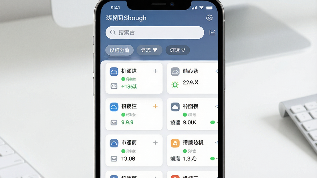 一张展示“机组云”软件多设备集中管理界面的图片,画面中手机屏幕显示一个分组列表,列表顶部有搜索框和筛选标签,下方是多个设备卡片,每个卡片包含设备名称、状态图标和关键数据摘要,背景是干净的浅色桌面,布局上手机屏幕居中,卡片排列整齐,风格是现代化的卡片式UI设计,细节上要突出分组标签的层次感和状态图标的颜色区分,画质高清,干净,无多余元素。