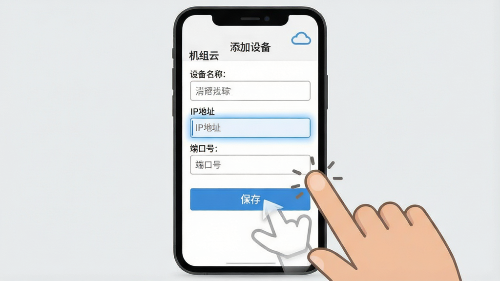 一张展示“机组云”软件在手机上添加设备步骤的示意图,画面中手机屏幕显示添加设备表单,包含设备名称、IP地址、端口号输入框和保存按钮,旁边有一个手指点击屏幕的动画示意,背景是简洁的浅灰色,布局上手机屏幕占据中心,表单元素清晰可见,风格是扁平化教程图解风,细节上要突出输入框的聚焦状态和按钮的点击反馈,画质高清,干净,无多余元素。