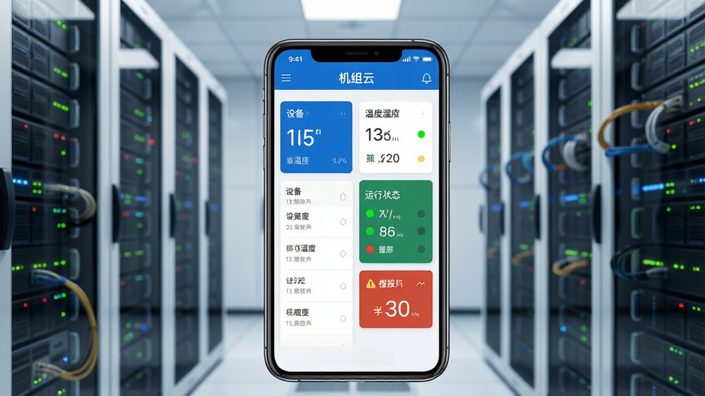 一张展示“机组云”软件核心全貌的图片,画面中央是手机屏幕,屏幕上显示着机组云APP的主界面,包含设备列表、温度湿度数据卡片、运行状态指示灯和报警提示区域,背景是简洁的机房环境,有服务器机柜和闪烁的指示灯,整体布局清晰,排版上手机屏幕占据画面主体,风格是写实科技风,细节上要突出界面的数据可视化元素和清爽的蓝白配色,画质高清,干净,无多余元素。