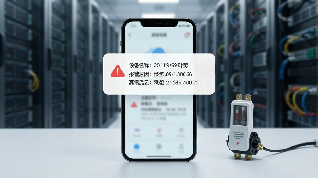 一张展示“机组云”软件异常报警功能的图片,画面中一部手机放在桌面上,屏幕亮起显示一条弹窗报警通知,通知内容包含设备名称和报警原因,手机旁边有一个小型的温度传感器模型,背景是虚化的机房环境,布局上手机位于画面中心偏下,通知弹窗占据屏幕上方醒目位置,风格是简洁的扁平化科技风,细节上要突出通知的红色警示图标和清晰的数据文字,画质高清,干净,无多余元素。