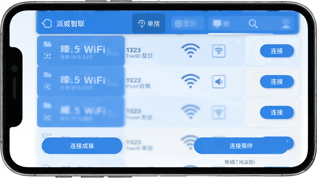 派威智联 手机应用界面截图 主页面显示附近WiFi列表和连接按钮 蓝白配色 简洁扁平化设计 画质干净 无多余元素