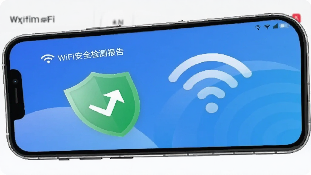 派威智联 手机界面显示WiFi安全检测报告 绿色盾牌图标 文字显示安全 背景是WiFi信号图标 风格简洁 画质干净 无多余元素