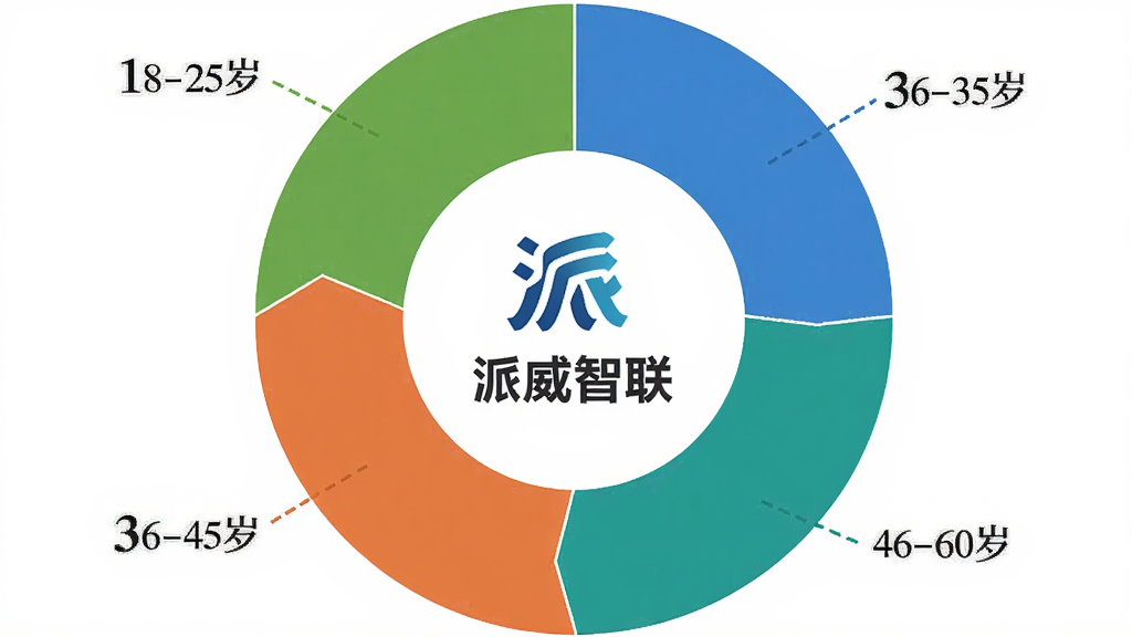 派威智联 用户年龄分布饼状图 18-25岁 26-35岁 36-45岁 46-60岁 四个扇形 颜色区分 派威智联图标在中间 风格简洁 画质清晰 无多余元素
