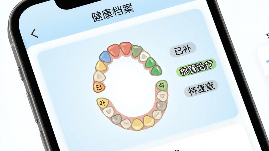 一个手机界面展示牙齿健康档案功能,屏幕中间显示一张牙齿分布图,每颗牙齿上标注了不同的状态颜色,旁边有“已补”、“根管治疗”、“待复查”等文字标签,界面风格清新,以白色和浅蓝色为主,画质干净,无多余元素