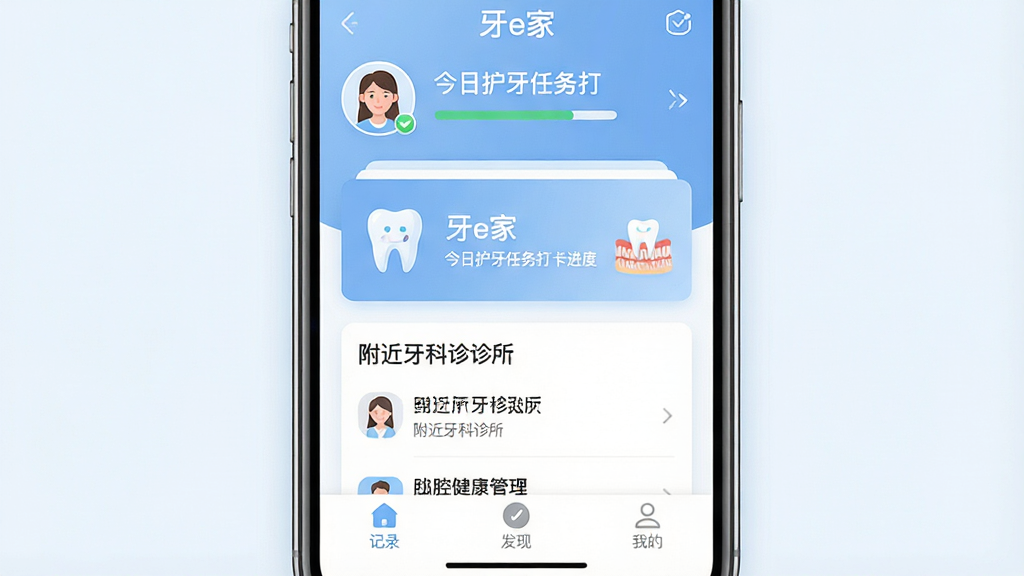 一张手机屏幕展示口腔健康管理App主界面的图片,画面中央是App名称“牙e家”,界面以柔和的蓝白色调为主,顶部显示用户头像和今日护牙任务打卡进度,中间是牙齿健康档案卡片和附近牙科诊所列表,底部为记录、发现、我的三个导航标签,布局清晰,风格现代简洁,画质干净,无多余元素
