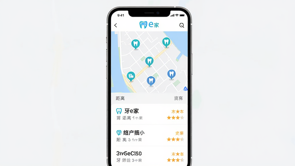 手机界面展示牙e家App的附近牙科机构查询页面,地图上散布着几个牙科诊所的图标,下方列表显示诊所名称、距离和评分,界面以地图和列表组合形式呈现,风格简洁现代,画质干净,无多余元素