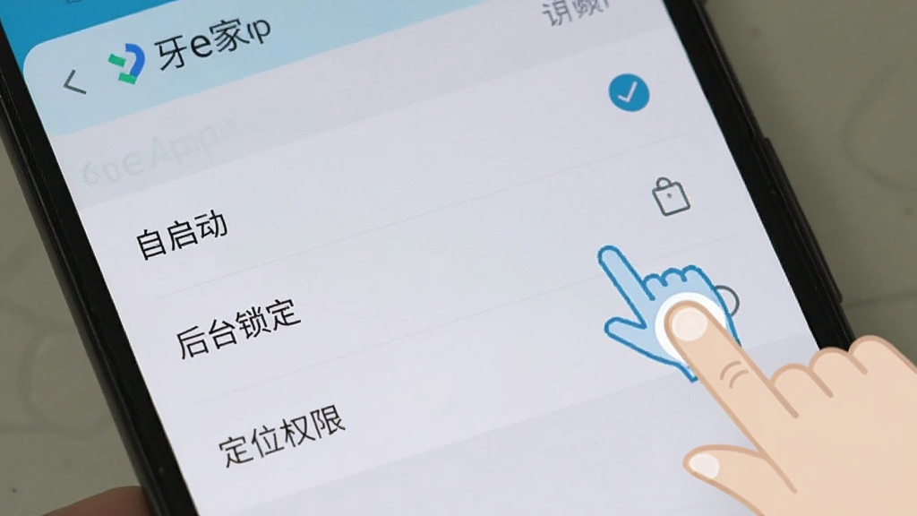 一部安卓手机屏幕显示牙e家App的权限设置界面,画面中可以看到“自启动”、“后台锁定”、“定位权限”等选项,旁边有手指点击的示意图,背景是手机设置页面,风格简洁,画质清晰,无多余元素