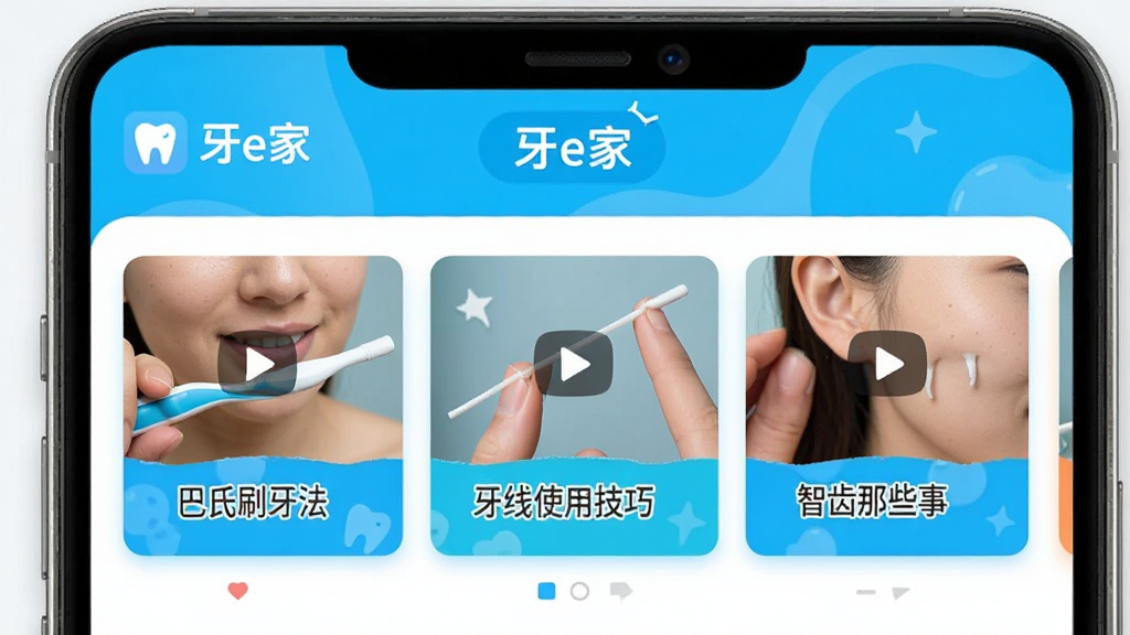 手机屏幕展示牙e家App的护牙知识板块,画面中有几个视频卡片,封面分别是“巴氏刷牙法”、“牙线使用技巧”、“智齿那些事”,界面排版整齐,风格活泼,画质清晰,无多余元素
