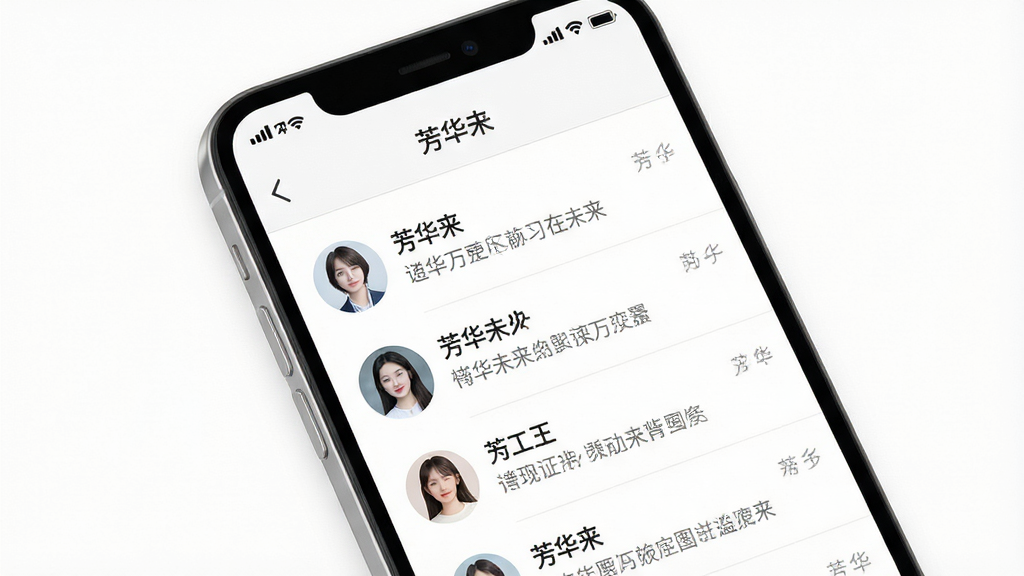 一张展示“芳华未来”聊天界面的图片,主体为手机屏幕特写,屏幕内显示“芳华未来”的聊天对话列表,列表项清晰简洁,有用户头像和最后一条消息预览,界面无任何广告横幅,背景为纯白色,顶部状态栏信号满格,排版整齐留白舒适,风格极简清新,细节精致,画质干净明亮,无多余元素