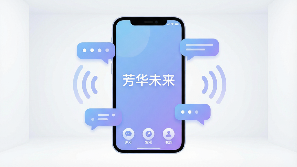 一张展示“芳华未来”软件核心全貌的图片,主体为一部智能手机屏幕亮起,屏幕中央清晰显示“芳华未来”四个字,界面设计简洁,以柔和的蓝紫色渐变为主色调,底部有聊天、发现、我的三个圆形图标,手机周围环绕着漂浮的聊天气泡和信号波纹,背景是干净明亮的浅色空间,排版居中,风格现代扁平且温馨,细节圆润无毛刺,画质高清干净,无多余元素