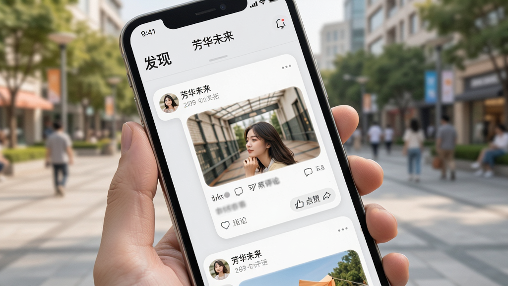 一张展示“芳华未来”动态广场与兴趣圈子的图片,主体为手机屏幕,屏幕内显示“芳华未来”的动态信息流,有用户发布的图文卡片和点赞评论按钮,卡片圆角设计,背景为浅灰色,界面顶部有“发现”字样,排版错落有致,风格社交化且温馨,细节清晰,画质干净,无多余元素
