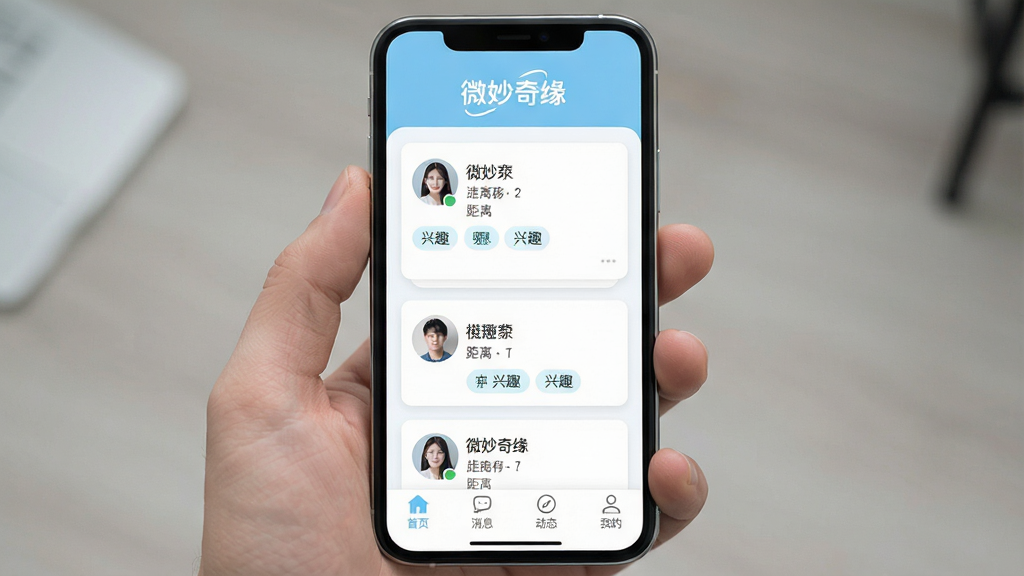 一张手机屏幕展示微妙奇缘App主界面,顶部显示“微妙奇缘”Logo,中间是卡片式用户推荐流,卡片上有用户头像、昵称、距离和兴趣标签,底部导航栏为“首页”“消息”“动态”“我的”,界面风格简洁现代,色调以浅蓝和白色为主,整体干净无多余元素,画质清晰