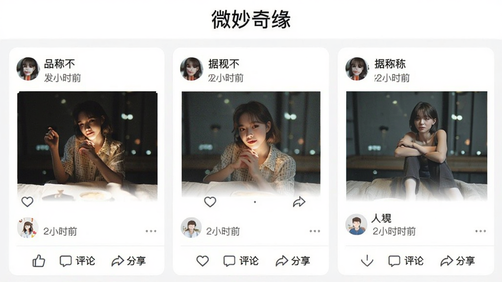 微妙奇缘App的动态广场页面,顶部显示“微妙奇缘”文字,下方是瀑布流式动态卡片,每张卡片包含用户头像、昵称、发布时间、文字内容和配图,底部有点赞、评论、分享按钮,界面排版整齐,风格清爽,画质清晰无多余元素