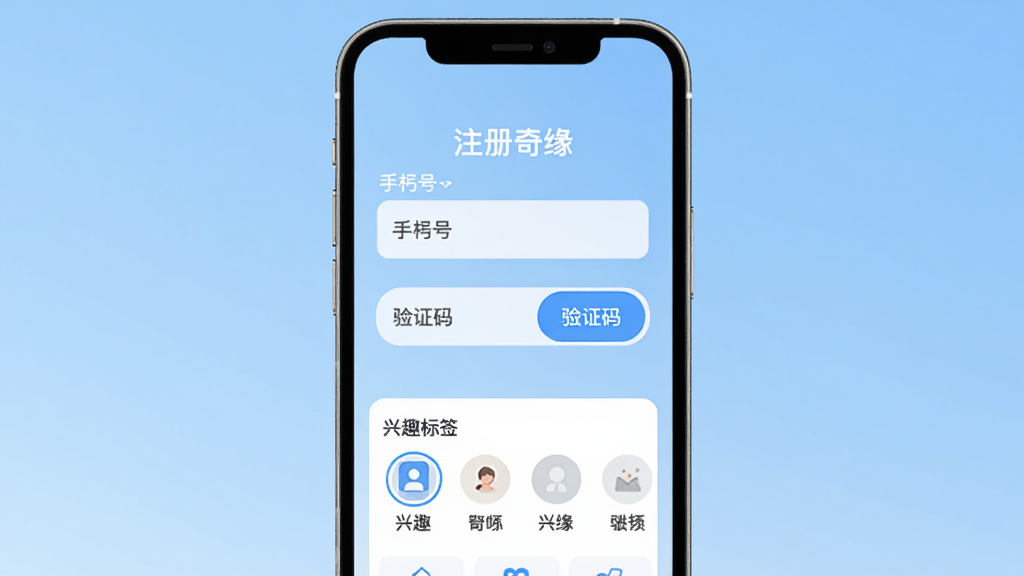 微妙奇缘App的注册登录界面,屏幕中央显示手机号输入框和验证码按钮,下方有“兴趣标签”选择区域,背景为淡蓝色渐变,界面简洁,文字清晰,风格扁平化,画质干净