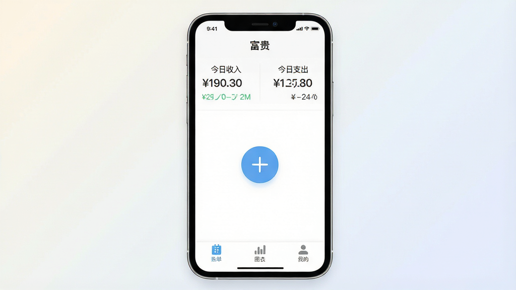 一张展示手机记账应用主界面的图片,画面中央是一部现代智能手机,屏幕上显示着一款名为“富贵”的App界面,界面顶部显示“今日收入”和“今日支出”的数字,中间是一个醒目的加号按钮,底部有账单、图表、我的三个图标,背景是简洁的浅色渐变,整体风格清新扁平,细节清晰,画质干净,无多余元素
