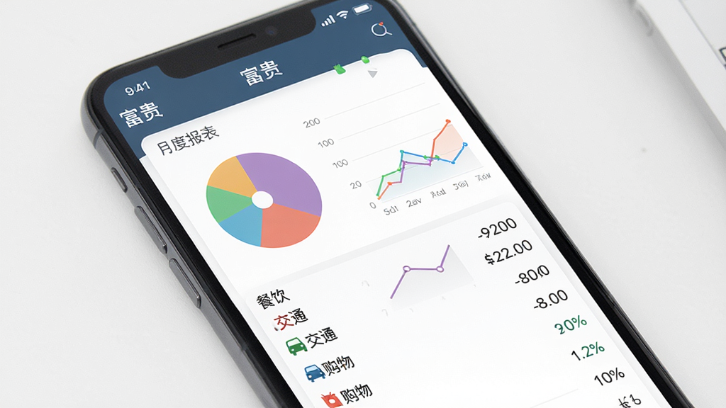 一张展示手机记账应用图表分析界面的图片,画面中手机屏幕显示“富贵”App的月度报表页面,有彩色的饼图和折线图,下方列出餐饮、交通、购物等分类的金额和占比,风格现代扁平,细节清晰,画质干净,无多余元素