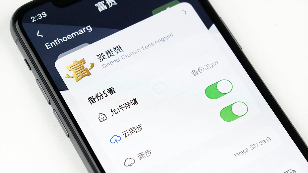 一张展示手机记账应用新手设置引导页面的图片,画面中手机屏幕显示“富贵”App的权限设置和备份选项,有“允许存储”“云同步”等开关按钮,背景是干净的白色,图标简洁,画质清晰,无多余元素