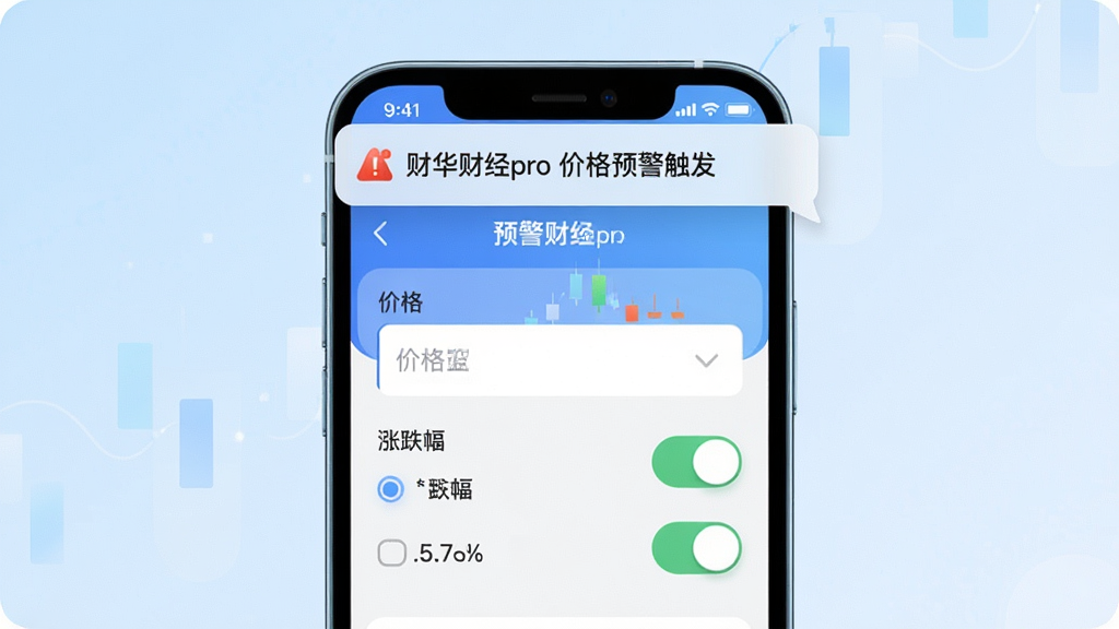 财华财经pro 智能提醒与预警推送功能展示,手机屏幕内显示预警设置界面,有价格输入框、涨跌幅百分比选项和开关按钮,屏幕上方弹出一条推送通知气泡写着“财华财经pro 价格预警触发”,背景为浅蓝色渐变,界面元素圆润,风格现代简洁,画质清晰,无多余元素