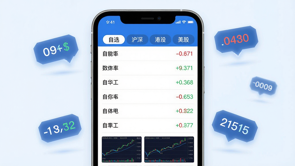 财华财经pro 实时行情与自选股管理功能展示,手机屏幕内显示自选股列表,每只股票后面有红绿涨跌数字,顶部有“自选”“沪深”“港股”“美股”等标签栏,下方是分时图缩略图,画面以蓝白为主色调,界面干净整洁,周围漂浮着几个发光的股票代码标签,风格现代扁平,画质清晰,无多余元素