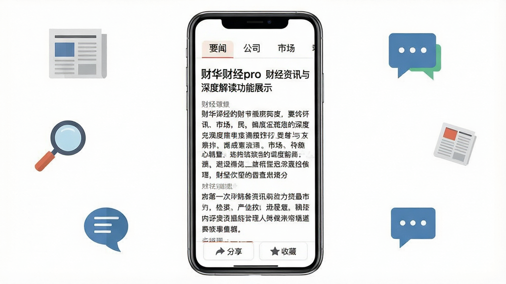 财华财经pro 财经资讯与深度解读功能展示,手机屏幕内显示一篇财经新闻详情页,标题清晰,正文段落分明,顶部有“要闻”“公司”“市场”等分类标签,页面底部有分享和收藏按钮,背景为纯白色,界面排版干净,周围点缀着报纸、放大镜、对话气泡等扁平化小图标,风格简洁商务,画质清晰,无多余元素