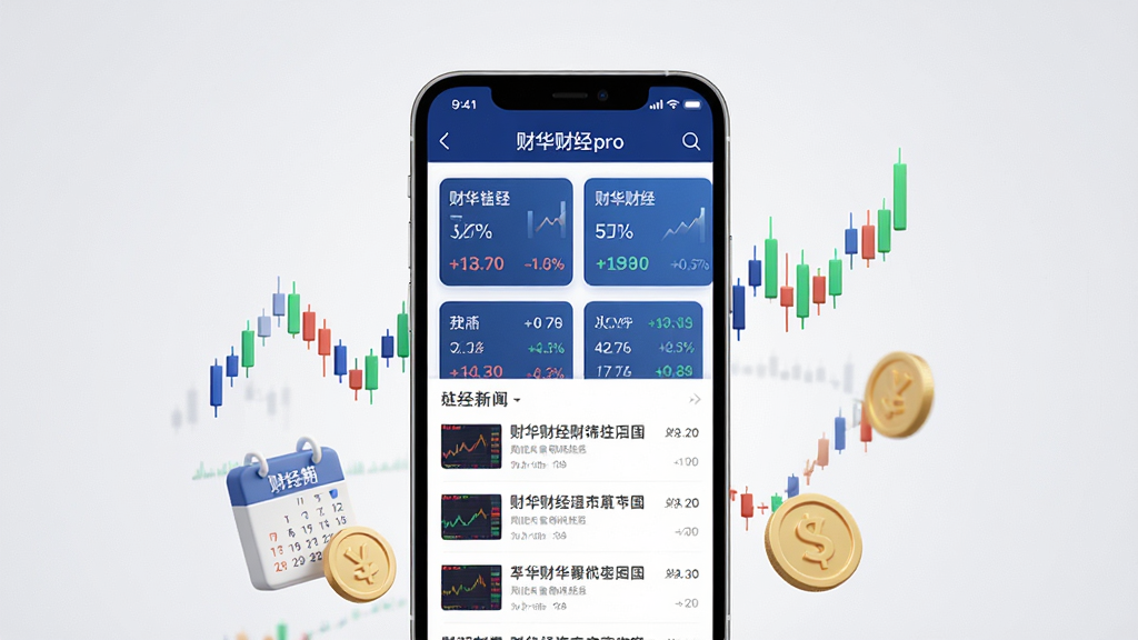 财华财经pro 手机应用主界面展示,画面中央是一部竖向放置的智能手机,手机屏幕内显示财华财经pro的首页,顶部有深蓝色导航栏写着“财华财经pro”,下方是滚动行情卡片和财经新闻列表,界面以蓝白配色为主,风格简洁现代,手机周围环绕着微缩的K线图、财经日历、金币等立体小元素,背景为干净的浅灰色渐变,画质清晰,无多余元素,整体突出财经资讯与行情工具的核心全貌