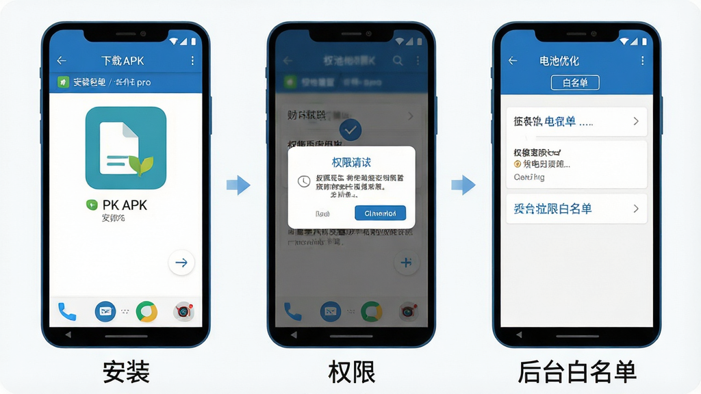 财华财经pro 安卓手机安装与权限设置步骤示意图,画面分为三个并排的手机屏幕,第一个屏幕显示下载APK安装包界面,第二个屏幕显示权限请求弹窗,第三个屏幕显示电池优化白名单设置页面,每个屏幕下方有简洁的文字标注“安装”“权限”“后台白名单”,整体风格为扁平化教程插图,蓝白配色,画质清晰,无多余元素