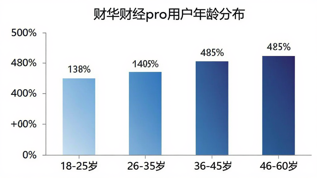 财华财经pro 用户年龄分布柱状图,横轴为年龄段“18-25岁”“26-35岁”“36-45岁”“46-60岁”,纵轴为人数占比百分比,柱状颜色从浅蓝到深蓝渐变,每个柱子上方标注具体百分比数字,图表标题为“财华财经pro用户年龄分布”,背景为纯白色,风格简洁数据可视化,画质清晰,无多余元素