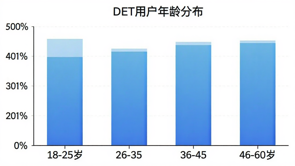 一张柱状图展示DET用户年龄分布,横轴为年龄段18-25岁、26-35岁、36-45岁、46-60岁,纵轴为用户占比百分比,柱状图颜色为蓝色渐变,图表标题为“DET用户年龄分布”,风格简洁数据可视化,画质干净无多余元素