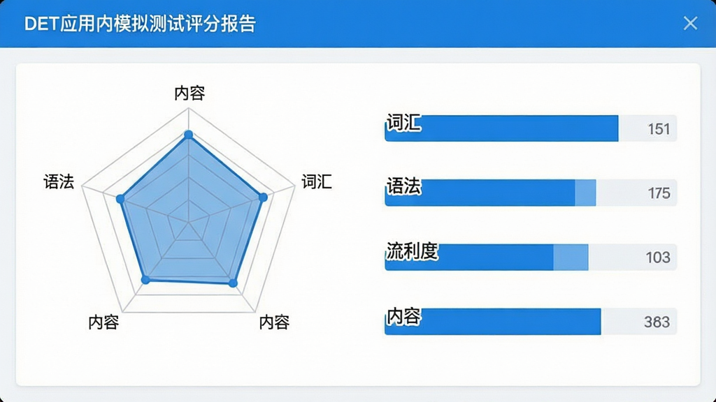 一张DET应用内模拟测试评分报告的图片,画面展示雷达图和分数条,标注“词汇”“语法”“流利度”“内容”等维度,界面风格数据可视化,蓝白配色,布局清晰,画质干净无多余元素