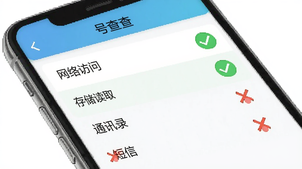 һ���ֻ�����ʾ��ͼ��չʾ���Ų�顱APP��Ȩ�޹���ҳ�棬ҳ���С�������ʡ��͡��洢��ȡ��Ȩ�ޱ���ɫ��ѡ������ͨѶ¼���͡����š�Ȩ�ޱ���ɫ��ű�ǣ��������࣬ɫ�����������ʸɾ����޶���Ԫ��