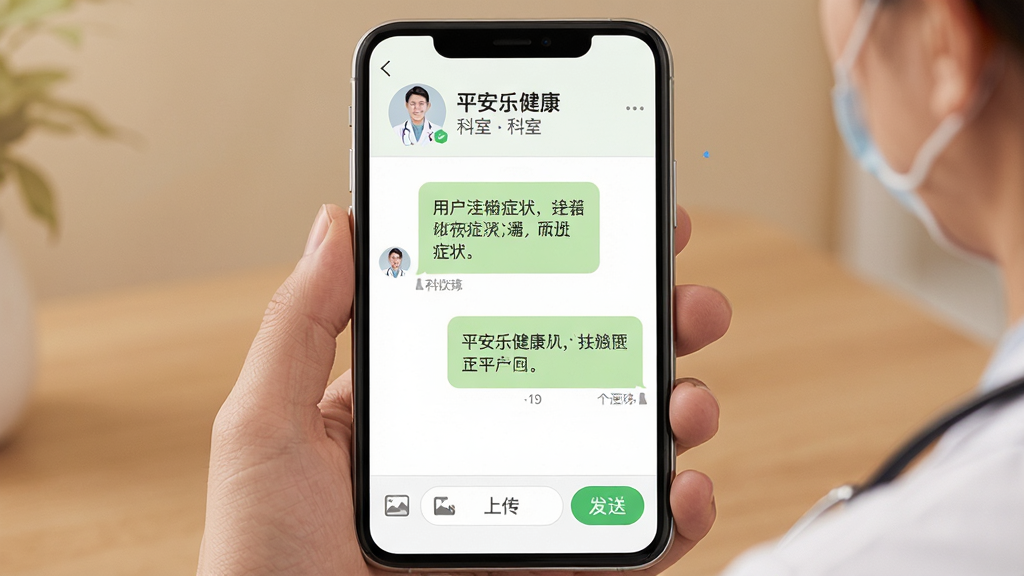 һ��չʾƽ���ֽ���App����ҽ����ѯ�����ͼƬ���������ֻ���Ļ��ʾ�������촰�ڣ������Ϸ���ҽ��ͷ��Ϳ�����Ϣ���м����û�����֢״���������ݺ�ҽ���ظ����ݣ��·���ͼƬ�ϴ��ͷ��Ͱ�ť���Ű�����������һ��ֱ�ۣ������ůרҵҽ�Ʒ磬ϸ���ϲ��õ���ɫ�������ɫ������ͼ�����������ʸ���ɾ����޶���Ԫ��