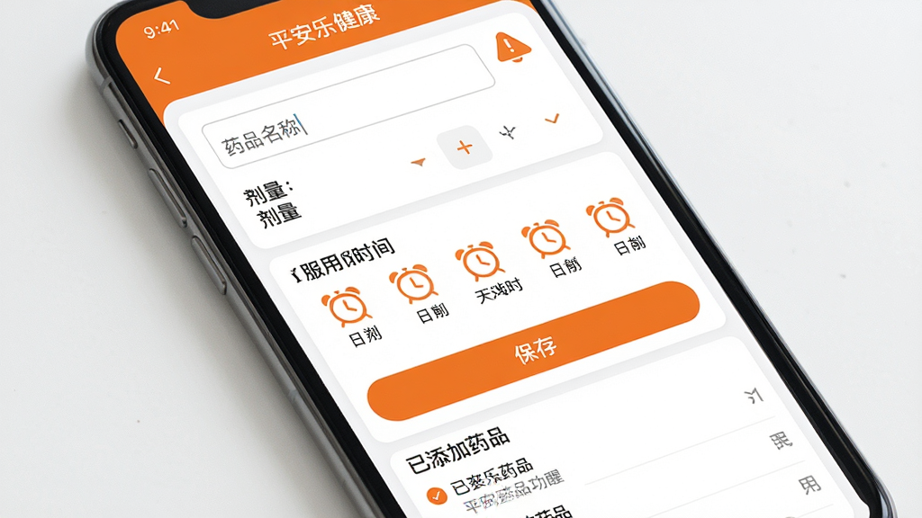 һ��չʾƽ���ֽ���App��ҩ���ѹ��ܵ�ͼƬ���������ֻ���Ļ��ʾ��ҩ��������ҳ�棬�����Ϸ���ҩƷ���������ͼ���ѡ�������м��Ƿ���ʱ��������ͼ�����У��·��Ǳ��水ť��������ҩƷ�б����Ű��๤�߷磬ϸ����ʹ�ó�ɫ����ͼ�����ɫ��Ƭ�����ʸ���ɾ����޶���Ԫ��