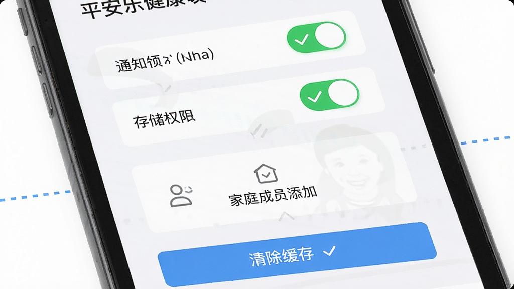 һ��չʾƽ���ֽ���App��װ�������̵�ͼƬ���������ֻ���Ļ��ʾȨ������ҳ�棬�����Ϸ���֪ͨȨ�޿��غʹ洢Ȩ�޿��أ��м��Ǽ�ͥ��Ա������ڣ��·���������水ť���Ű���������һ������������ƽ�����߷磬ϸ����ʹ����ɫ�Թ�ͼ���ʾ�ѿ��������ʸ���ɾ����޶���Ԫ��