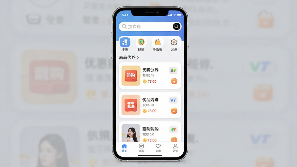 一张手机App界面展示图,主体为富购购应用首页,布局为顶部搜索栏和分类图标,中间是商品优惠券卡片列表,底部为导航栏,排版整齐清爽,风格现代扁平化,细节圆润,画质干净无多余元素,文字标注“富购购”