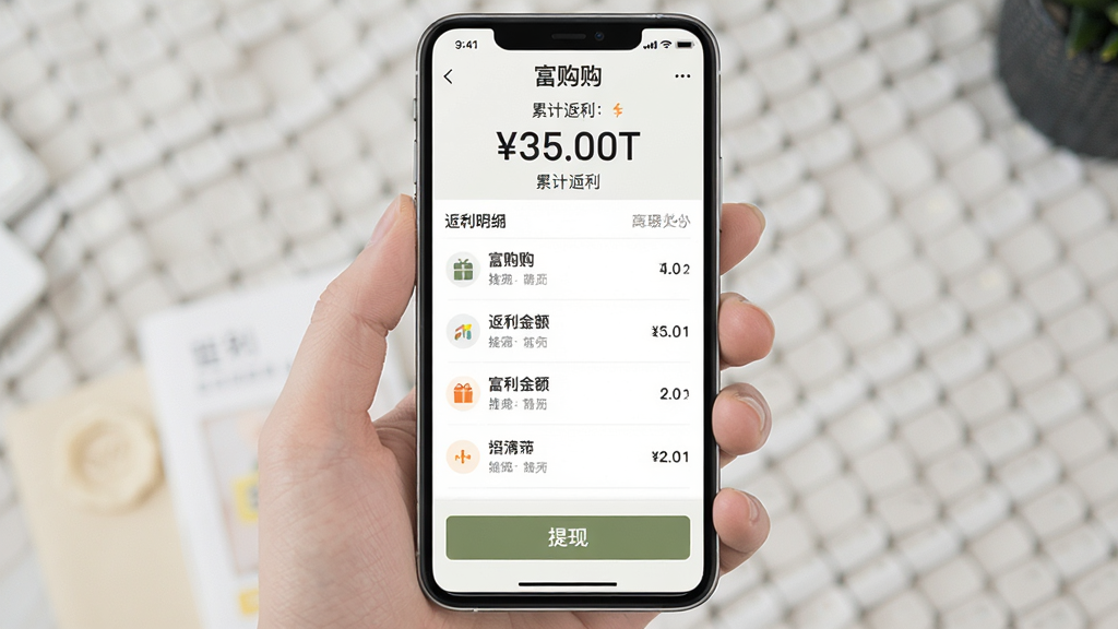 一张富购购返利页面手机截图风格的图片,主体为返利金额展示和提现按钮,布局为顶部累计返利数字、中间返利明细列表、底部提现入口,排版清晰,风格简洁现代,细节精致,画质干净无多余元素,文字标注“富购购”