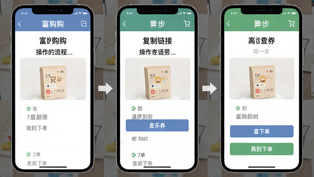一张富购购操作流程示意图,主体为手机屏幕展示复制链接到查券再到下单的三步操作,布局为横向三格分步展示,排版简洁明了,风格扁平化教程风,细节清晰,画质干净无多余元素,文字标注“富购购”