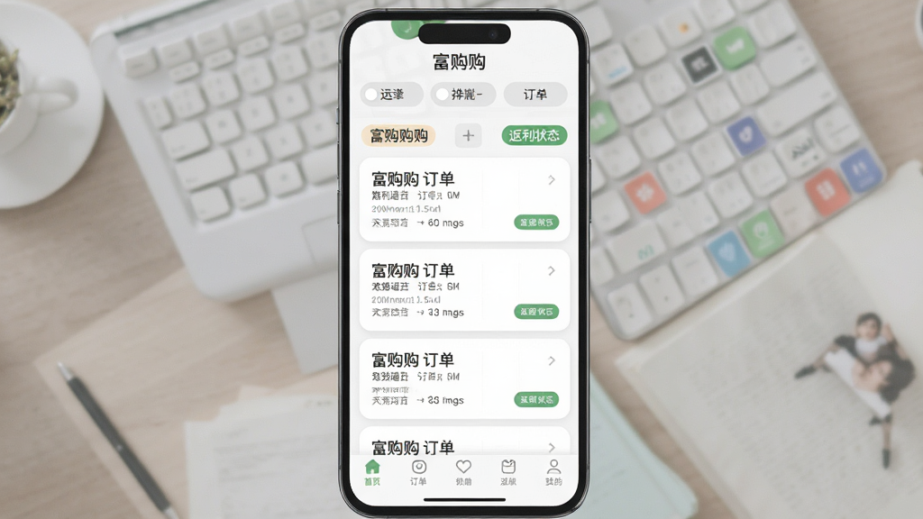 一张富购购订单返利追踪页面的手机界面图,主体为订单列表和返利状态标签,布局为顶部筛选栏、中间订单卡片、底部导航,排版整齐,风格扁平清爽,细节圆润,画质干净无多余元素,文字标注“富购购”