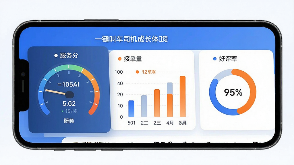 一键叫车司机端司机成长体系界面,手机屏幕展示服务分仪表盘、接单量柱状图和好评率环形图,配色以蓝色和橙色为主,数据可视化清晰,风格现代简洁,画质干净,无多余元素